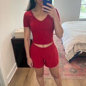 Lululemon Red V-Neck Crop Top and Shorts FULL SET